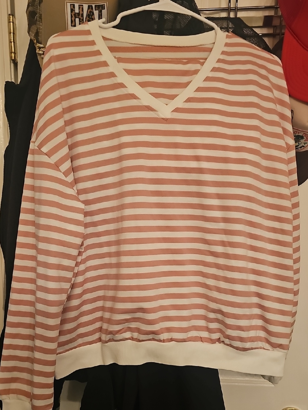 Amazon Striped V-Neck Long Sleeve Top in White and Dusty Pink - Picture 1 of 1